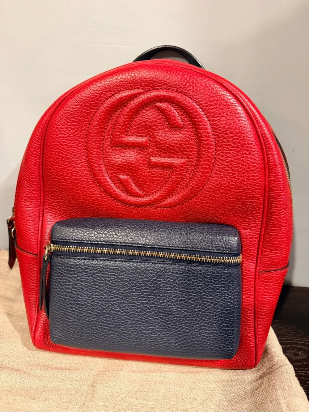 GUCCI *LIKE NEW* Red & Black Leather Mini Backpack & Gold Chain - W/ Dusty